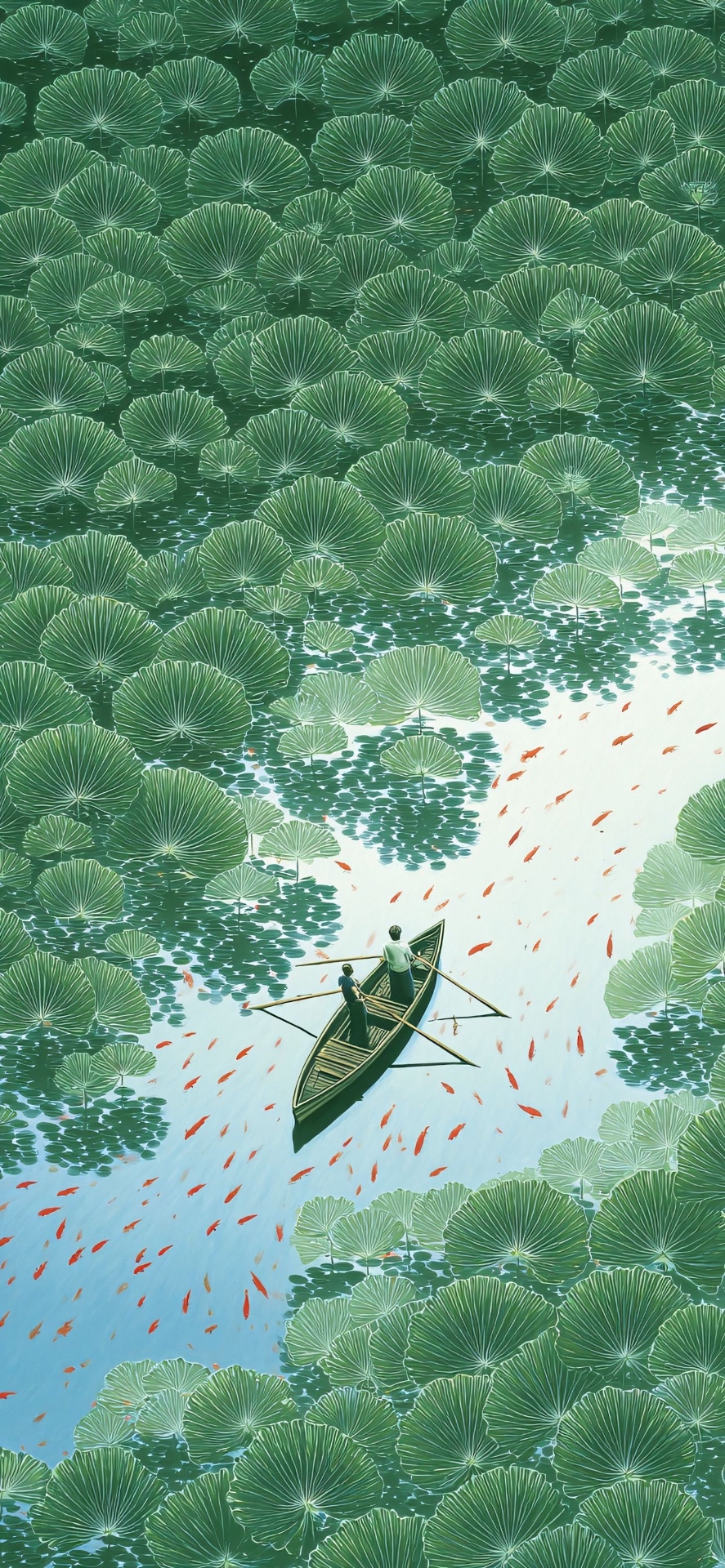 Two people rowing a wooden boat through a waterway of lotus leaves and small orange fish