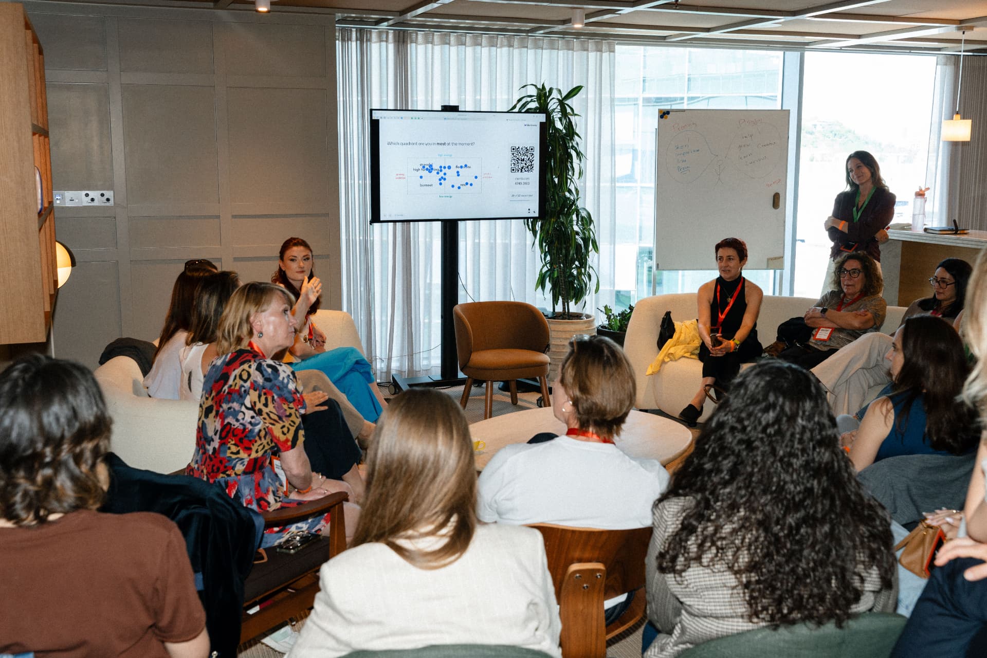 A group session in discussion, led by Chloë